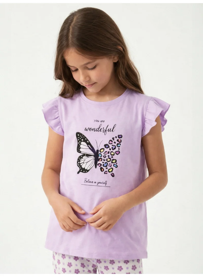 Victor And Jane Cotton Girls’ Pajama Set – Butterfly Graphic Frill Sleeve Top & Star Print Pants for Women | Best Price UAE
